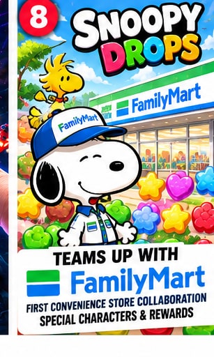 Snoopy Drops x FamilyMart collaboration artwork showing Snoopy and Woodstock in store uniforms outside convenience store with puzzle gems