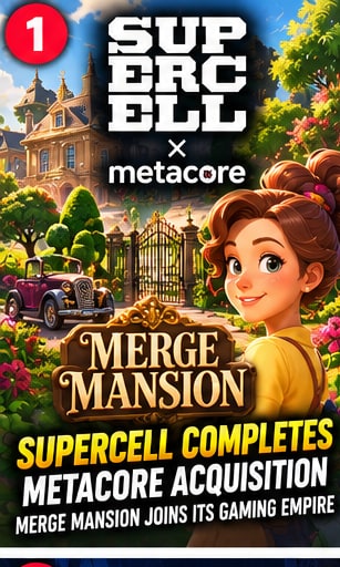 Supercell and Metacore acquisition visual showing Merge Mansion estate gate, vintage car, and smiling puzzle adventure heroine