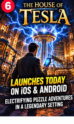 The House of Tesla: Definitive Edition launch graphic showing scientist with handheld electrical device facing massive sparking Tesla coil