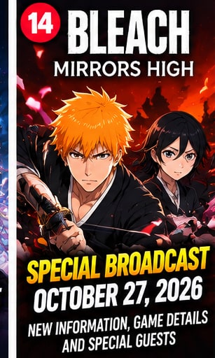 BLEACH Mirrors High special broadcast graphic showing Ichigo Kurosaki and Rukia Kuchiki ready for battle in Soul Society robes