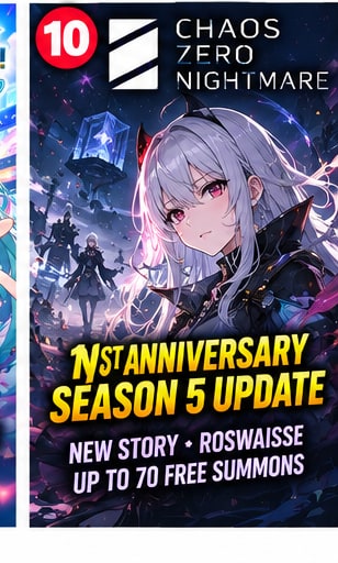 Chaos Zero Nightmare 1st Anniversary key visual showing silver-haired warrior Roswaisse overlooking a desolate crystalline battlefield