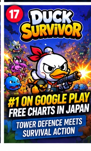 Duck Survivor game graphic showing heavily armed duck soldier battling hordes of monsters in a tower defence arena