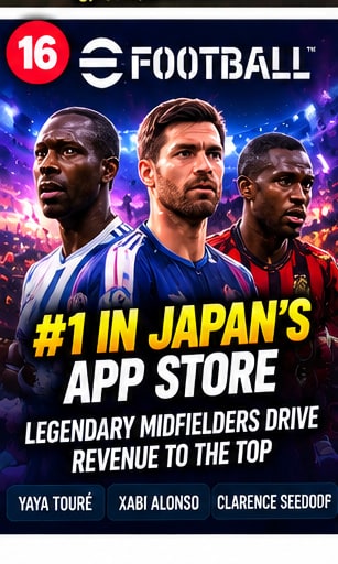 eFootball #1 Japan App Store banner featuring legendary midfielders Clarence Seedorf, Xabi Alonso, and Yaya Touré