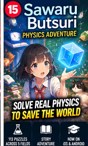 Sawaru Butsuri key visual showing anime student interacting with a glowing translucent physics cube in a laboratory