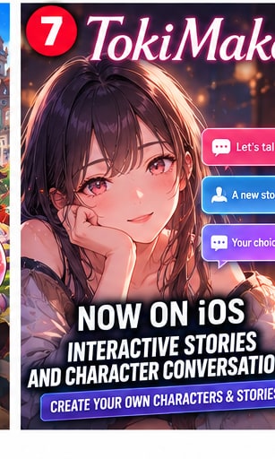 TokiMake interactive story visual showing beautiful anime heroine with dialog bubbles for choices and dynamic character conversation