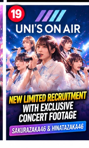 UNI'S ON AIR event visual showing Sakurazaka46 and Hinatazaka46 idols performing together on stage with live microphones