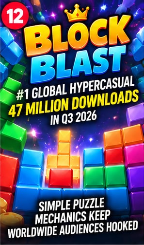 Block Blast #1 global hypercasual puzzle graphic featuring glowing geometric blocks and download milestone