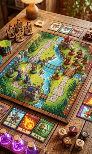Tabletop battle arena board game setup with custom cards, elixir vials, and miniature towers on wooden table