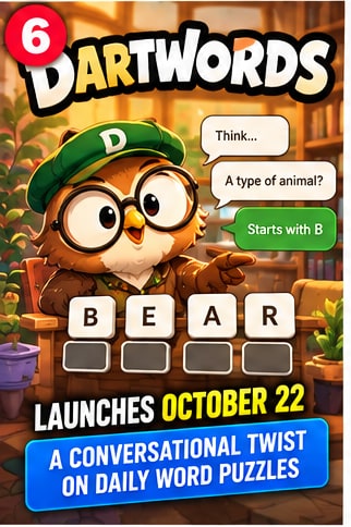 Dartwords game visual featuring owl mascot Darty giving conversational clues for daily word puzzle