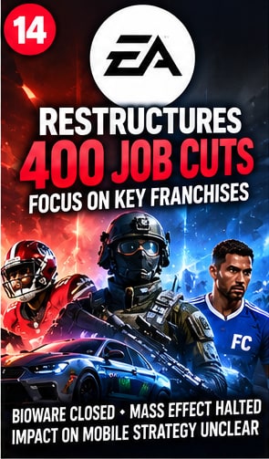EA restructuring editorial visual showing EA logo and key franchise characters amidst corporate changes