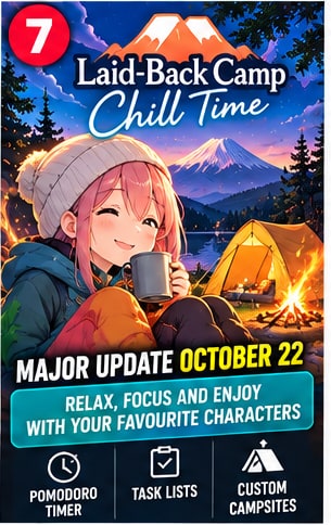 Laid-Back Camp Chill Time relaxation and productivity update visual featuring Nadeshiko at cozy Mount Fuji campsite