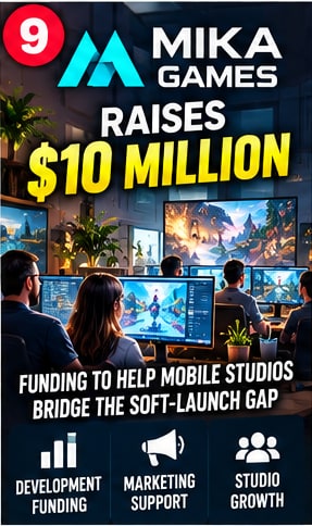 Mika Games $10 million investment announcement graphic showing game developers working in modern studio