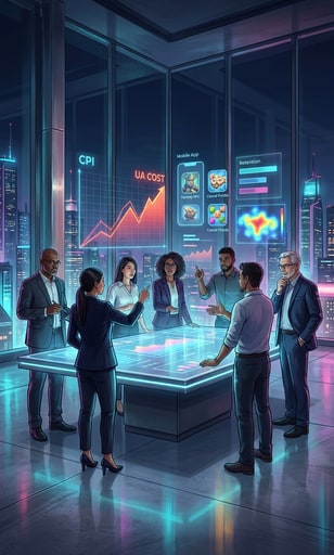 Mobile gaming industry executives analyzing rising user acquisition costs and analytics on glowing digital screens