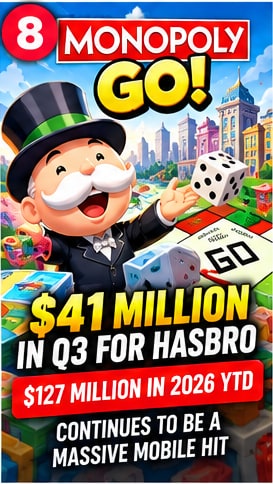 Monopoly Go Hasbro financial milestone banner showing Mr. Monopoly rolling dice over game board