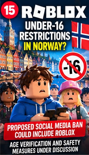 Norway under-16 social media restriction proposal visual showing Roblox avatars and age restriction badge