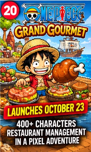 ONE PIECE Grand Gourmet restaurant management game artwork showing Luffy with feast at Baratie floating restaurant