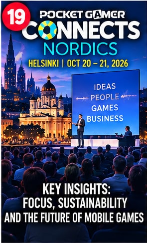 Pocket Gamer Connects Nordics conference visual in Helsinki with speaker on stage and industry audience