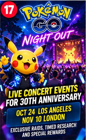 Pokémon Go Night Out 30th anniversary concert visual showing Pikachu under neon festival lights