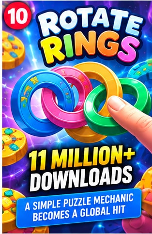 Rotate Rings mobile puzzle hit poster showing interlocking colourful rings aligned by player finger