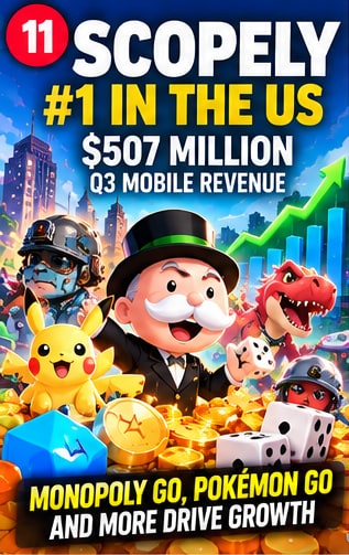 Scopely US mobile publisher revenue leadership graphic showing Mr. Monopoly and mobile gaming characters