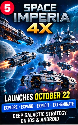 Space Imperia 4X mobile galactic strategy game illustration showing fleet armada and space station