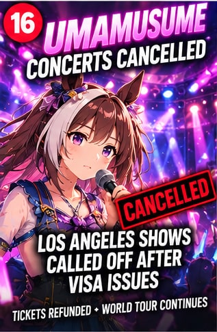 Umamusume Los Angeles concert cancellation announcement poster with anime idol singer on stage