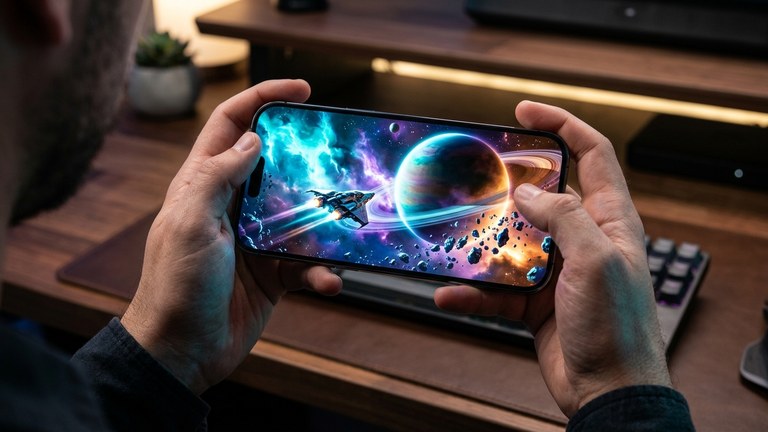 Modern smartphone running deep space exploration game with cosmic nebulae, alien planets, and starships