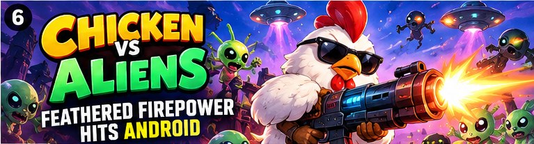 Chicken vs Aliens action visual showing heroic sunglasses-wearing rooster blasting alien saucers with heavy cannon