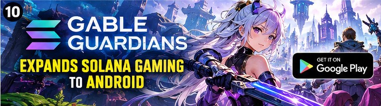 Gable Guardians anime warrior heroine wielding sci-fi sword before futuristic fantasy city with Solana badge