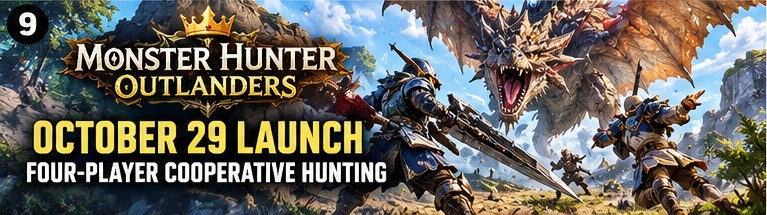 Monster Hunter Outlanders key visual showing armored hunters battling flying wyvern Rathalos in open wilderness