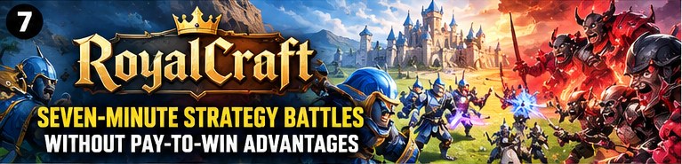 RoyalCraft battle key visual with fantasy knights and orc legions clashing on green battlefield before a fortress