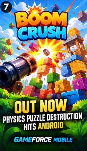 Boom Crush Android game art showing a heavy cannon firing explosive shots at colorful block towers collapsing on grass