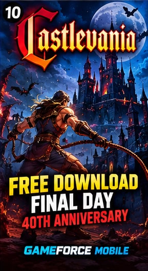 Castlevania 40th anniversary key visual showing Simon Belmont with whip facing Dracula's gothic castle under full moon