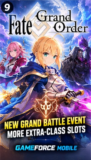 Fate/Grand Order Kan'i Myodaiden event key visual featuring Artoria Pendragon and Servants preparing for Grand Battle raids