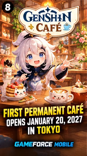 Genshin Café Tokyo key visual showing Paimon in a cozy café with cat-themed pancakes and latte art at Yurakucho Marui