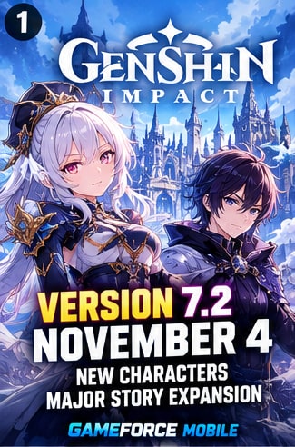 Genshin Impact Version 7.2 key visual showing new Electro characters Mitiya and Valery in front of a Snezhnayan fortress