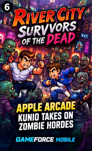 River City Survivors of the Dead key visual showing Kunio and Riki fighting hordes of zombies in neon city streets on Apple Arcade