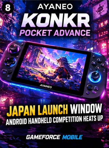AYANEO KONKR Pocket ADVANCE Android handheld device showing vibrant display and RGB illuminated thumbsticks in cyber street