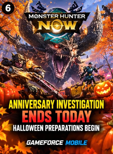 Monster Hunter Now key art showing hunter facing roaring Black Diablos amid Halloween jack-o-lanterns and autumn foliage