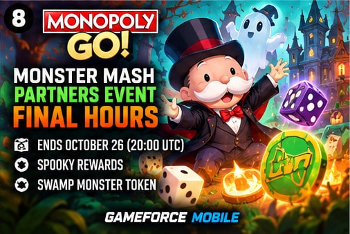 MONOPOLY GO Monster Mash Partners event art showing vampire Mr Monopoly and the exclusive Swamp Monster Token