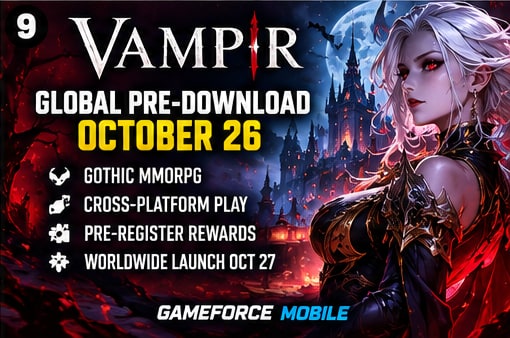 Netmarble VAMPIR gothic MMORPG key art featuring silver-haired vampire heroine before moonlit castle