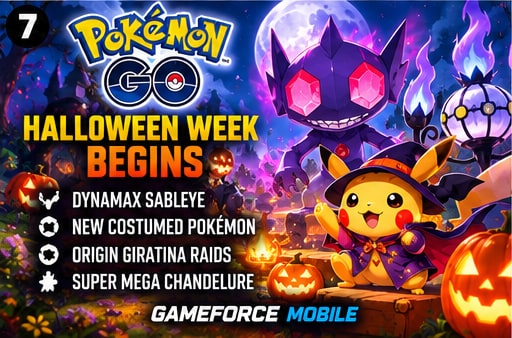 Pokemon GO Halloween key art showing Dynamax Sableye and costumed witch Pikachu amid spooky pumpkins