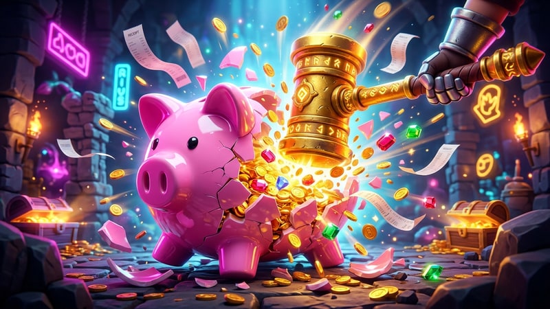 Bills Must Be Paid roguelite mobile game artwork with giant shattered piggy bank, floating coins, and bills