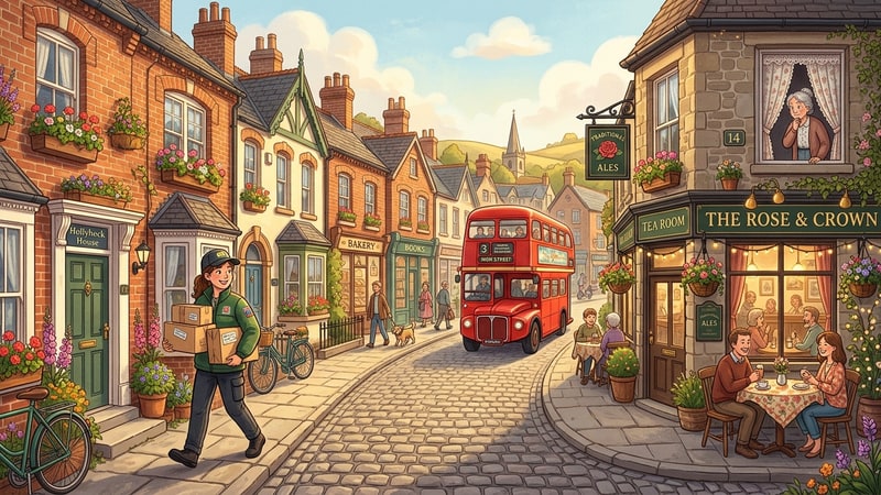 Kettle Street cozy British life simulation artwork with red double-decker bus, parcel deliveries, and village high street
