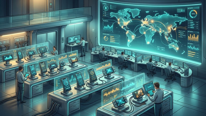 Mobile gaming soft-launch analytics laboratory visual with smartphone test benches and global market telemetry