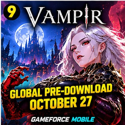 Netmarble VAMPIR gothic MMORPG key art with silver-haired vampire sorceress before moonlit castle announcing October 27 global pre-download