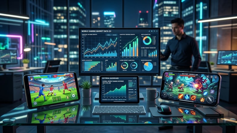 Aiming Inc financial report visual with revenue analysis graphs and mobile RPG smartphone screens