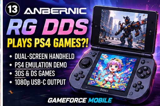 Anbernic RG DDS dual-screen handheld demonstrating PS4 and 3DS emulation