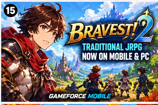 Bravest! 2 traditional Japanese RPG key artwork with anime adventurers and classic fantasy village