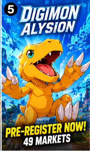 Digimon Alysion mobile card game pre-registration art featuring Agumon with digital trading card background